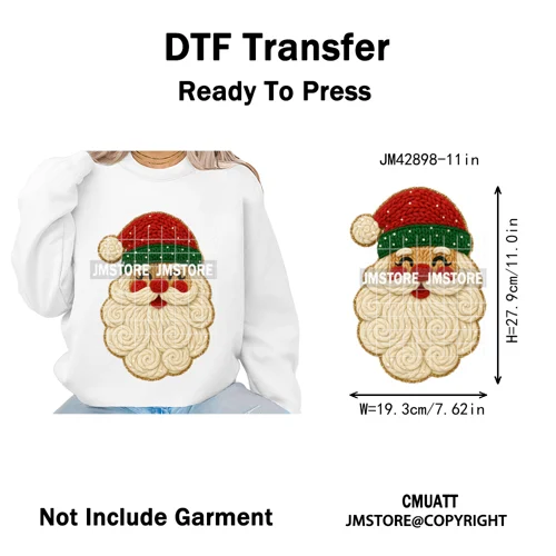 Preppy Faux Yarn Santa Tree Reindeer Cow Christmas Season Iron on DTF Washable Transfers Stickers Ready to Press for Clothing