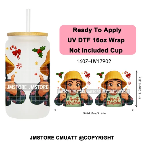 Merry Christmas Kpop Movie Character Anime Girl UV DTF Stickers Ready To Apply Cup Wrap High Quality For 16OZ Libbey Can Glass