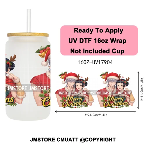 Merry Christmas Kpop Movie Character Anime Girl UV DTF Stickers Ready To Apply Cup Wrap High Quality For 16OZ Libbey Can Glass