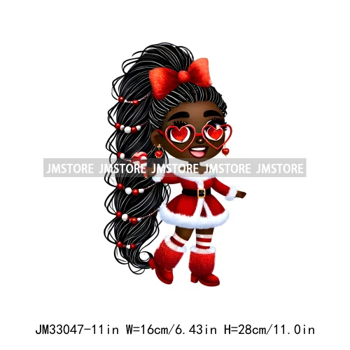 Cute Santa Hat Baby Afro Girls Coquette Bow Christmas Festive Holiday Iron On DTF Transfer Stickers Ready To Press For Clothing