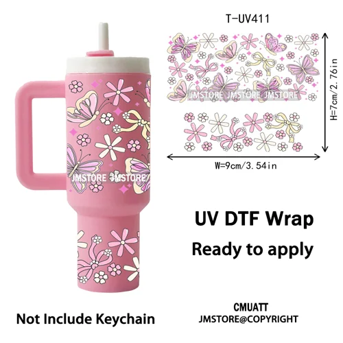 Coquette Bow Floral Seamless Book Lover Ribbon UV DTF Wraps Ready To Use Transfer Stickers Waterproof For Mini Tumbler Keychain