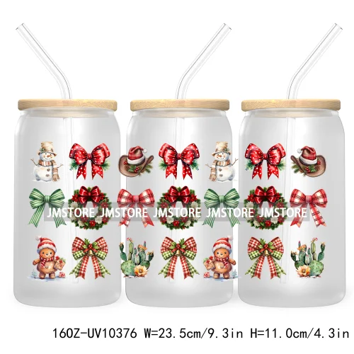 Just A Girl Who Loves Christmas UV DTF Sticker For 16OZ Libbey Glass Cup Can Wrap Transfer Stickers Custom Label Gingerbread Bow