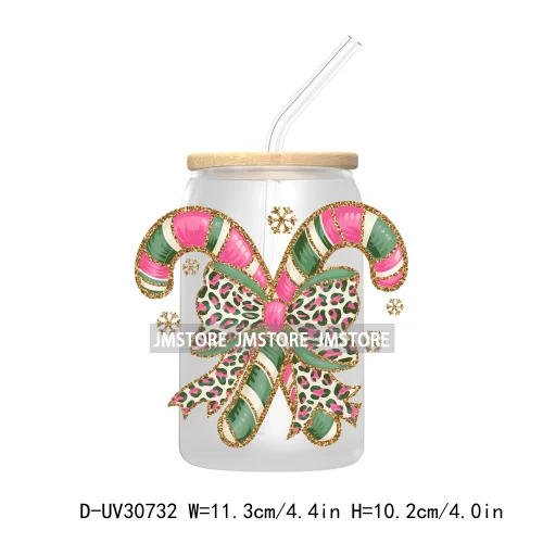 Colorful Coquette Glitter Bow Candy Cane Christmas UV DTF Transfer Stickers Decals For Libbey Cold Cups Mugs Tumbler Waterproof