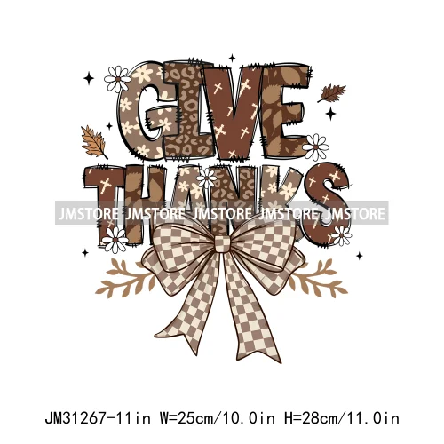 Thanksgiving Coquette Bow Pumpkin Cute Turkey Quotes Give Thanks Jesus Iron On DTF Transfers Stickers Ready To Press For Shirts