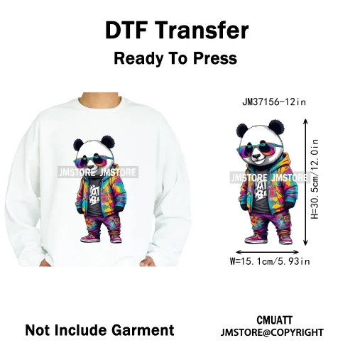 12in Colorful Gangster Urban Hip Hop Music Panda Dog Animal Lover Iron on DTF Heat Transfer Stickers Ready to Press for Clothing