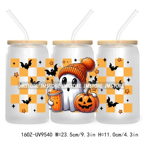 Cute Ghoul Halloween 16OZ UV Cup Wrap DTF Transfer Stickers For Libbey Glass Can Cups Tumbler Waterproof Labels Ghost Reading