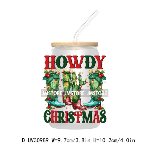 Howdy Christmas Boots Cowboy Cowgirl Western Country Xmas UV DTF Transfer Stickers Decals For Libbey Cold Cups Mugs Tumbler Bow