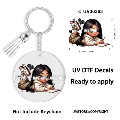 Cartoon Princess Reading Bookish UV DTF Decal Round Keychain Ready To Apply WaterProof Transfer Stickers For Circle Keychain