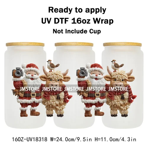 Faux Crochet Yarn Christmas Highland Cow 16OZ UV DTF Cup Wraps Ready To Apply Waterproof Transfer Stickers For Libbey Glass Can