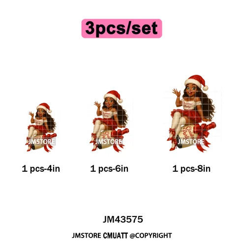 Wine Christmas Black Girls Santa Cheer Winter Holiday Party Iron on Washable DTF Transfers Stickers Ready to Press for Textiles