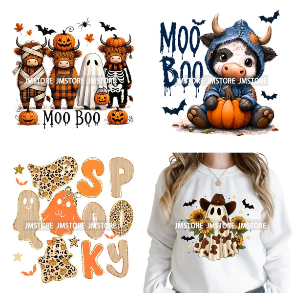 Pumpkin Leopard Spooky Ghost Moo Boo Cow Pet Halloween Bow Iron on DTF Washable Transfers Stickers Ready to Press for T-shirts