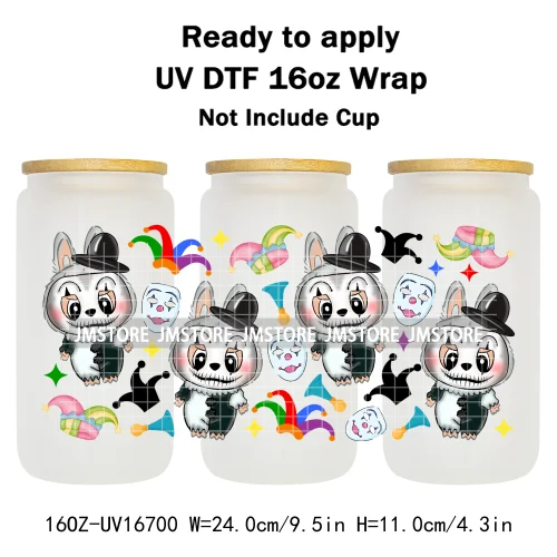 Laboo Cartoon Horror Halloween Characters 16OZ UV DTF Cup Wraps Ready To Apply Waterproof Transfer Stickers For Libbey Glass Can