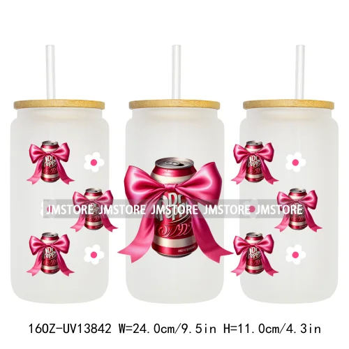 Soft Drink Pink Bow Coquette Strawberry UV DTF Wraps Transfer Sticker Selfadhesive Waterproof  For 16OZ Libbey Glass Can Tumbler