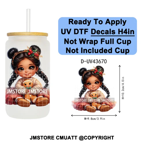 Floral Christmas Latina Chibi Girl UV DTF Transfer Stickers Decals Ready To Apply Good Quality Prints For Libbey Cold Cup Mugs