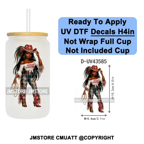 Howdy Afro Black Cowgirl Christmas UV DTF Decals Ready To Apply Waterproof Transfer Stickers For 16OZ Libbey Glass Can Bottle
