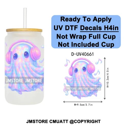 Iridescent Ghost Pumpkin Coquette Halloween UV DTF Transfer Stickers Decals Ready To Apply Waterproof For 16OZ Libbey Glass Can