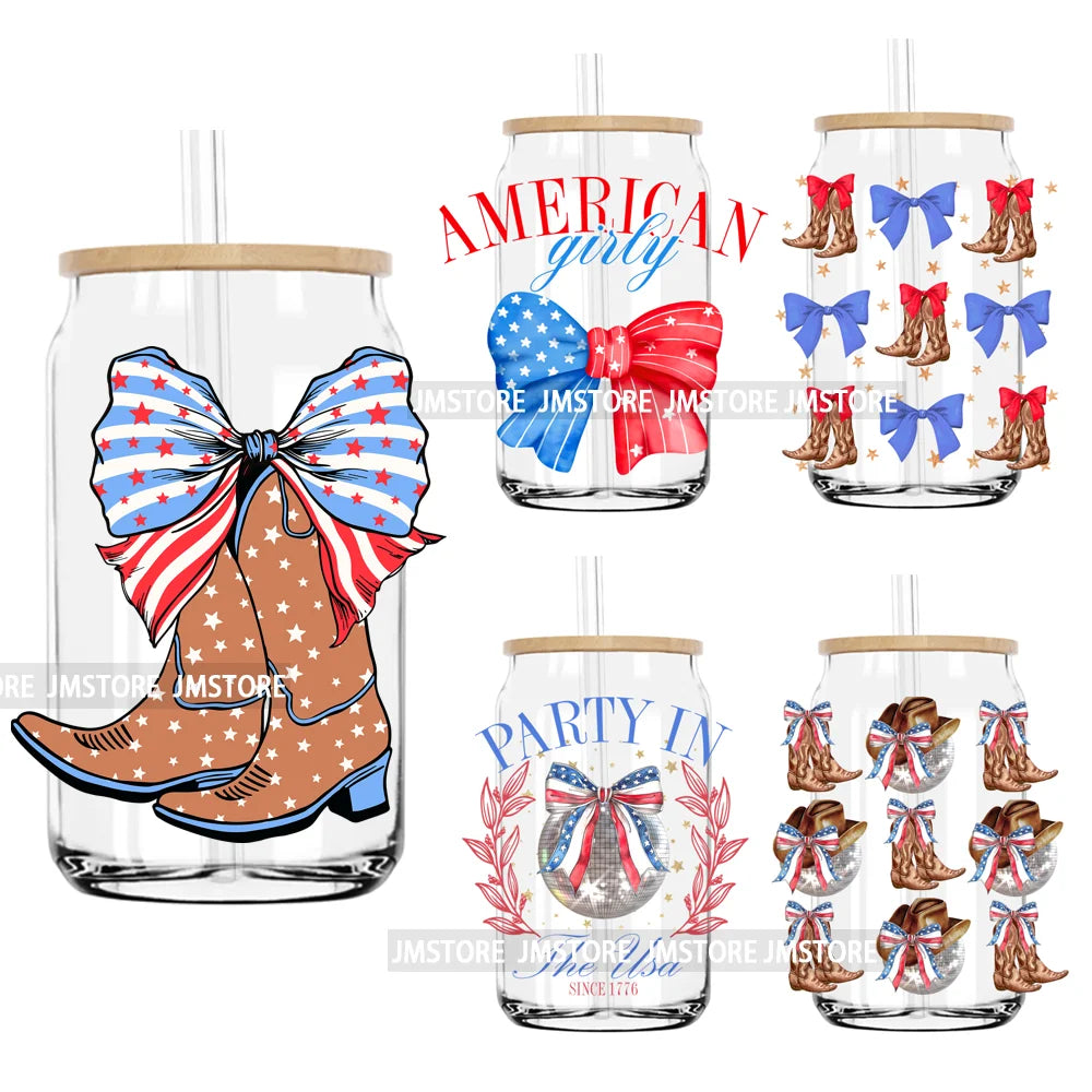 Coquette American Girly 4th Of July UV DTF Transfers Stickers Decals For Libbey Cold Cups Mugs Tumbler Waterproof USA Freedom