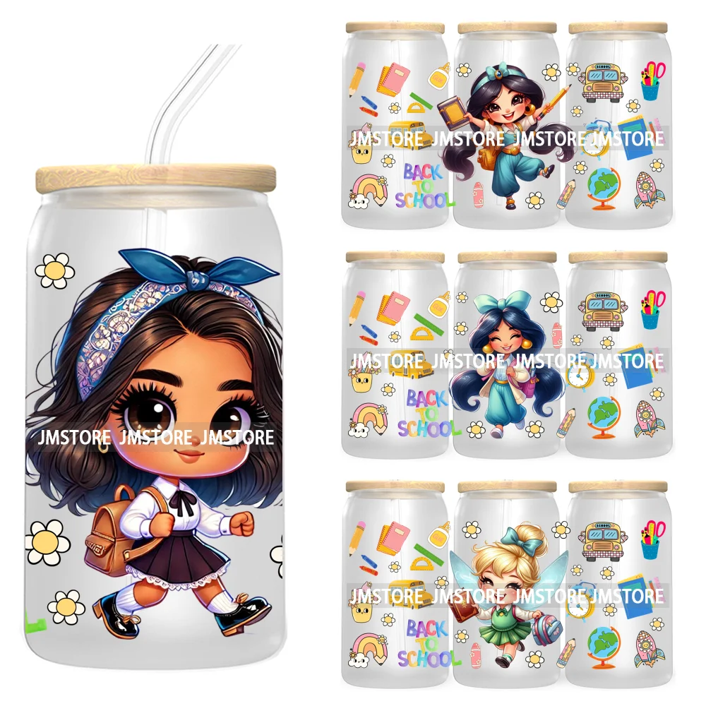 Back To School Cartoon Princess 16OZ UV Cup Wrap DTF Transfer Sticker For Libbey Glass Can Cups Tumbler Waterproof Label Teacher