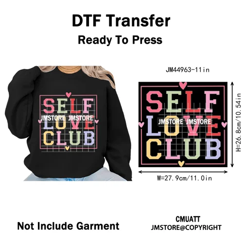 Self Love Club Mental Health Quotes Positive Inspirational Iron on Washable DTF Transfers Stickers Ready to Press for Clothing