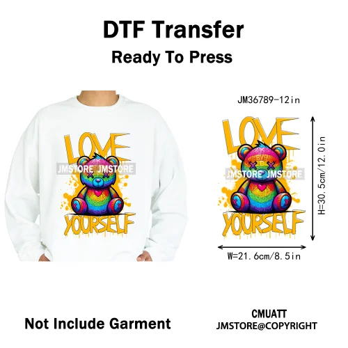 12in Cartoon Gangster Hip Hop Streetwear Teddy Bear Lover Designs Iron on DTF Heat Transfers Stickers Ready to Press for Hoodies