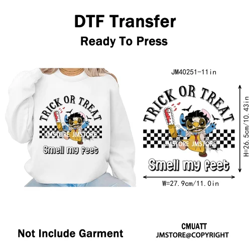Checkered Trick Or Treat Scary Killer Character Halloween Vibes Iron on DTF Washable Transfer Sticker Ready to Press for Hoodies