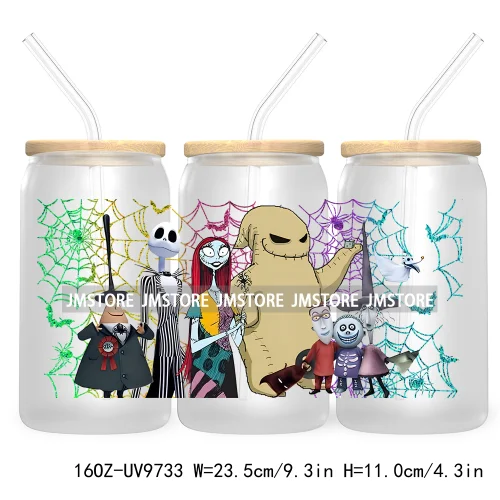 Spooky Cartoon Halloween 16OZ UV Cup Wrap DTF Transfer Stickers For Libbey Glass Can Cups Tumbler Waterproof Labels Scare Crew