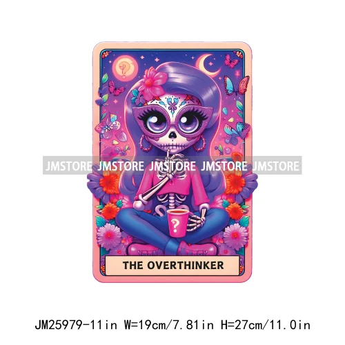 Funny Crafter Girl Skeleton Marathoner Overthinker Mom Queen Tarot Card DTF Iron On Transfer Stickers Ready To Press For Clothes