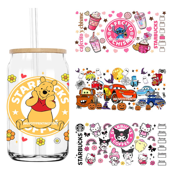 Cute Bear And Cat Coffee UV DTF Sticker For 16OZ Libbey Glass Cup Can Cartoon Cars Wrap Transfer Sticker Custom Labels DIY Logo