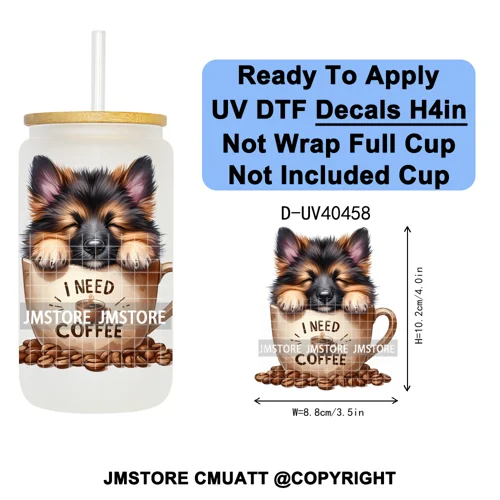 Puppy Coffee Dog Cartoon Pet Lover UV DTF Decals Ready To Apply Waterproof Transfer Stickers For 16OZ Libbey Glass Can Tumbler