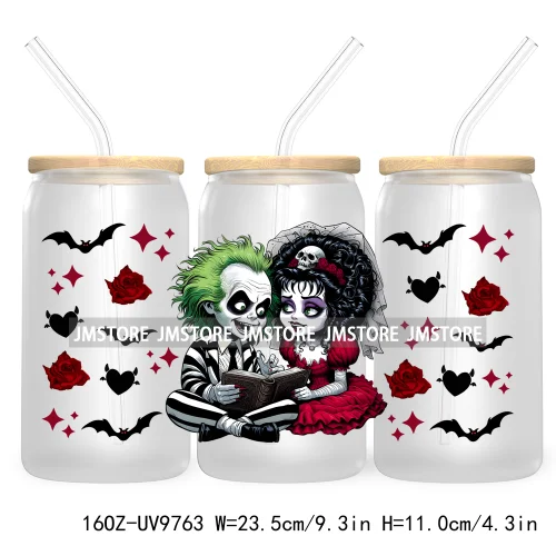 Halloween Double Trouble UV DTF Sticker For 16OZ Libbey Glass Cup Can Wrap Horror Princess Transfer Printing Custom Labels Logo