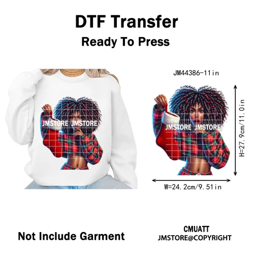 Sassy Afro Women Quirky Girls Santa Christmas Attitude Iron on Washable DTF Heat Transfers Stickers Ready to Press for Textiles