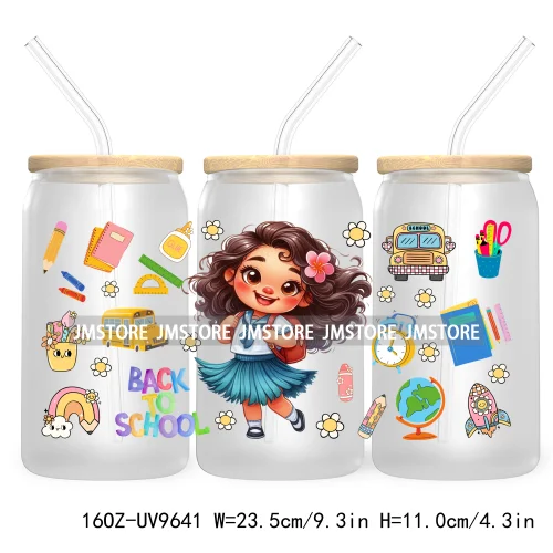 Back To School Cartoon Princess 16OZ UV Cup Wrap DTF Transfer Sticker For Libbey Glass Can Cups Tumbler Waterproof Label Teacher