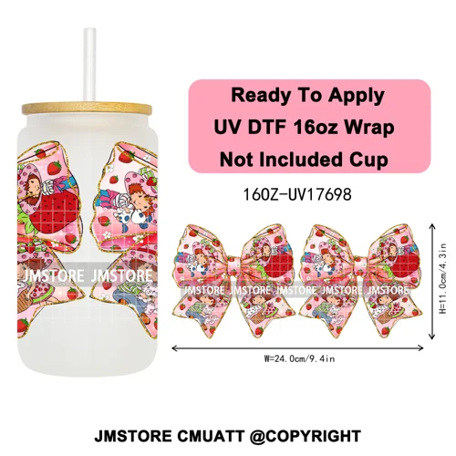 90s Cartoon Strawberry Characters Coquette Bow 16OZ UV DTF Cup Wraps Ready To Apply Transfer Stickers For Libbey Glass Can Mugs