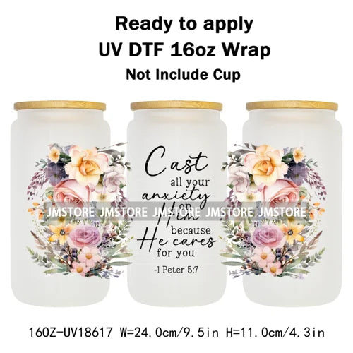 Floral Christian Jesus Bible Verse UV DTF Cup Wrap Ready To Apply Transfer Stickers Waterproof Wraps For 16OZ  Libbey Glass Can