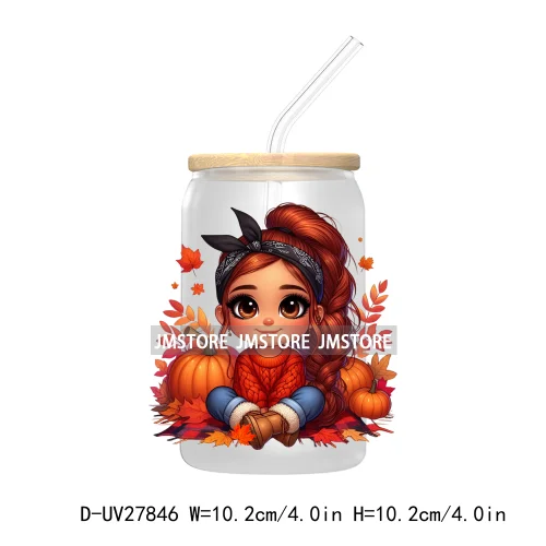 Latina Chibi Autumn Baby Little Girl UV DTF Transfer Stickers Decals For Libbey Cold Cups Mugs Tumbler Fall Vibes Pumpkin Season