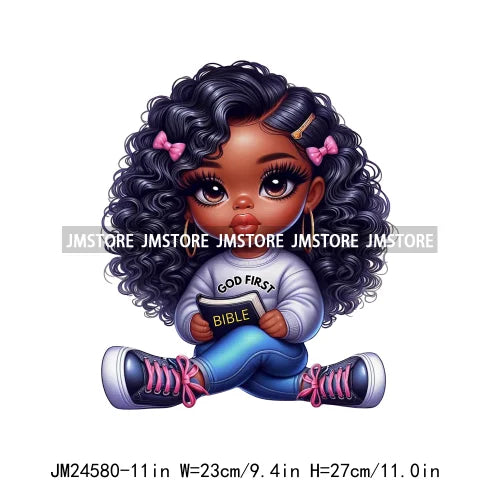 Cute God First Chibi Black Baby Girl Afro Magic Kids Coffee Woman Iron On DTF Transfer Stickers Ready To Press For Clothes Bags