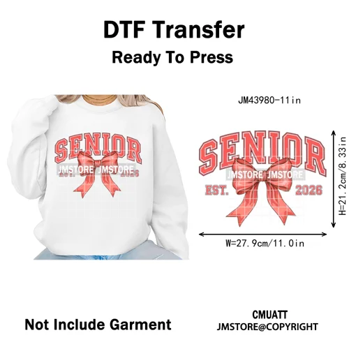 Preppy Coquette Senior 2026 Mega Graduate Cap Varsity Iron on Washable DTF Heat Transfers Stickers Ready to Press for Textiles