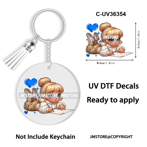 Cartoon Princess Reading Bookish UV DTF Decal Round Keychain Ready To Apply WaterProof Transfer Stickers For Circle Keychain