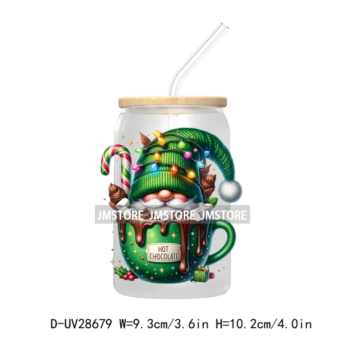 Festive Christmas Gnome Candy Cane UV DTF Transfer Stickers Decals For Libbey Cold Cups Mugs Tumbler Labels Cartoon Characters