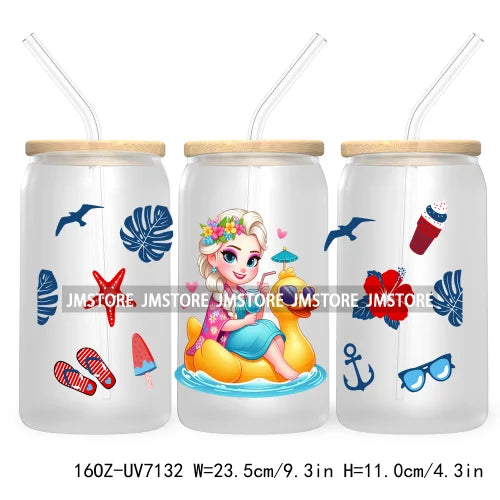 Cartoon Princess's Summer Vacation 16OZ UV DTF Cup Wrap Transfers Stickers For Libbey Glass Can Cups Tumbler Waterproof Craft