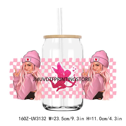 Pink Valentines Bichota Cupid Vibes 16OZ UV DTF Cup Wrap Transfers Stickers Custom DIY Waterproof Logo For Libbey Glass Can XOXO