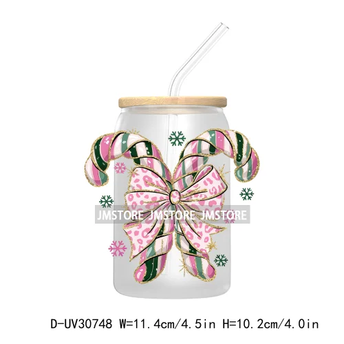 Colorful Coquette Glitter Bow Candy Cane Christmas UV DTF Transfer Stickers Decals For Libbey Cold Cups Mugs Tumbler Waterproof