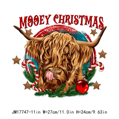 Retro Mooey Howdy Christmas Highland Cow Western Jingle Horse DTF Sticker Sorta Scary Sorta Merry Transfer Printing For Clothes