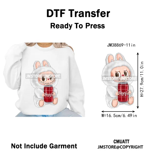 Coquette Bow Monster Doll Drinking Soda Bottle Thermal Printing Iron on DTF Washable Transfer Sticker Ready to Press for Clothes