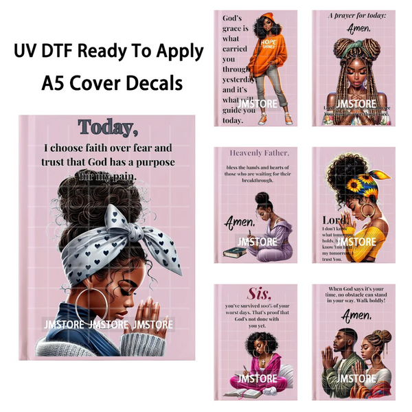 Bible Verse Black Woman Religious A5 Notebook UV DTF Wraps Ready To Apply Waterproof Transfer Stickers Decals For Journal Cover