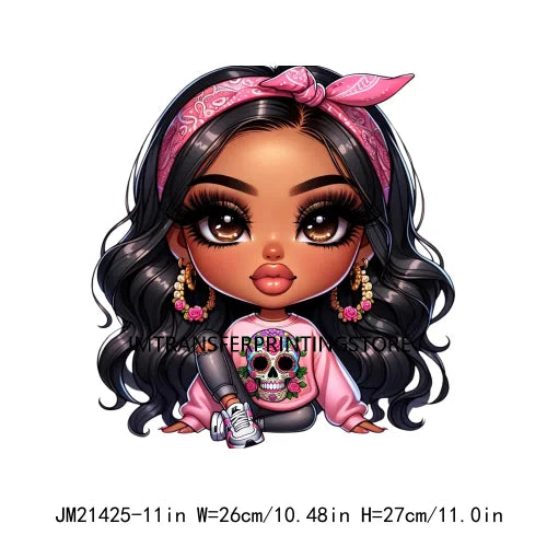 Chibi Cute Chicana Doll Guadalupe Lady Skull Latina Woman Cold Peel Decals Iron On DTF Transfers Stickers For Shirts Bags Pillow