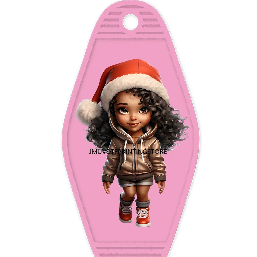 Merry Christmas Little Girls With Santa Hat High Quality WaterProof UV DTF Sticker For Motel Hotel Keychain