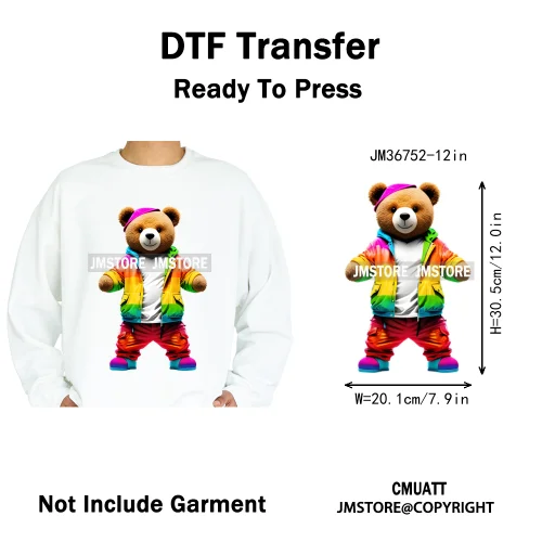 12in Cool Retro Urban Streetwear Graffiti Hip Hop Teddy Bear Iron On DTF Washable Transfers Stickers Ready to Press For Clothing