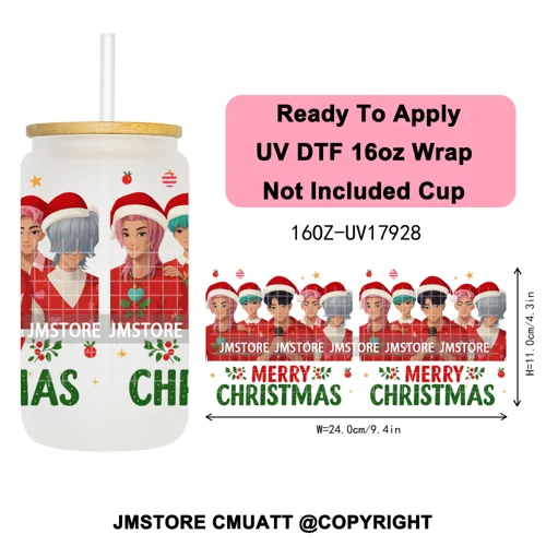 Kpop Demon Inspired Movie Christmas Santa Hat 16OZ UV DTF Cup Wrap Ready To Apply Durable Transfer Stickers For Libbey Glass Can