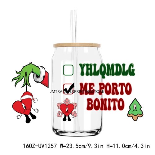 Bad Bunny Christmas 16OZ UV DTF Cup Wrap Transfers Stickers Custom Labels DIY Durable Waterproof Logo For Libbey Glass Can